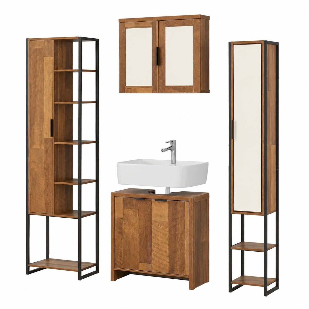 Armoire, en noyer et panneaux de bois, coloris noir, 4 pièces, pour la chambre